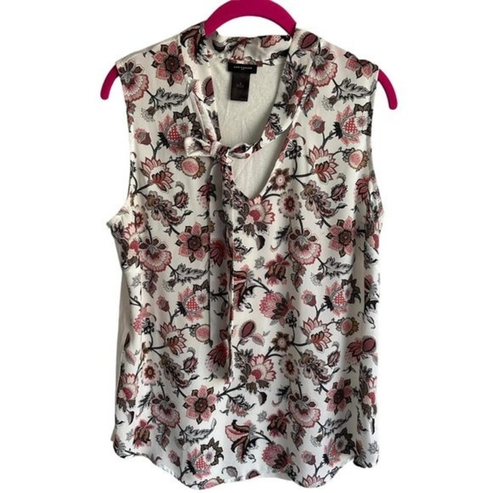 ANN TAYLOR Ivory Pink Floral Mixed Media Ladies Tie-Front Sleeveless Blouse, M